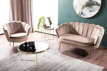 Sofa Camellia antyczny róż prosta i stylowa sofa wpisująca się w każdą aranżację sofa muszelka ze złotymi nogami