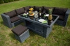 Zestaw mebli ogrodowych Maestoso szary niebanalny design modułowy narożnik ogrodowy komplet technorattanowy z dużym stołem i pufami