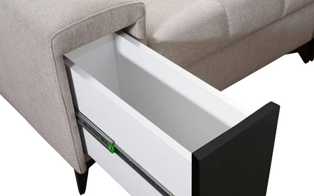 Narożnik z funkcją spania Bolmso IX brązowy prawostronny komfortowy narożnik do salonu z szufladą pojemniki na pościel stylowy design