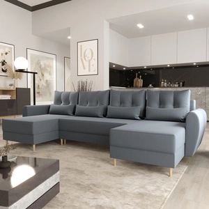 Narożnik z funkcją spania Rovigo U szary błękit elegancki i komfortowy narożnik w skandynawskiej formie duży pojemnik na pościel