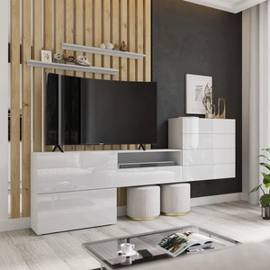 Meblościanka Agria biała / biały połysk niezwykły design praktyczne rozwiązanie idealne do każdego salonu optycznie powiększa wnętrze