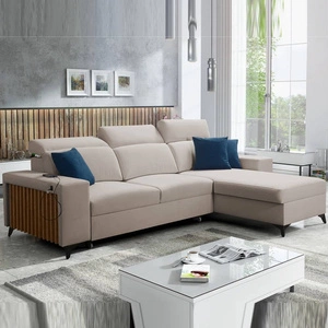 Narożnik z funkcją spania Kelly jasny beż prawostronny velvet komfort i funkcjonalność bok narożnika wykończony lamelami