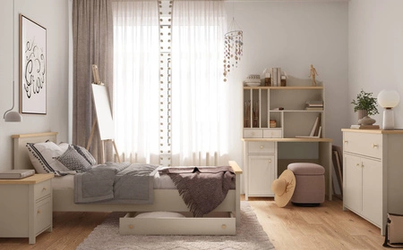 Biurko Story 110 cm beżowy / dąb vincenza bielona modne biurko z szufladą do pokoju młodzieżowego ergonomiczny mebel z obszernym blatem