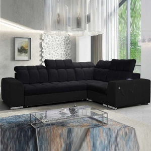 Narożnik z funkcją spania Luigi II czarny / czarna ekoskóra prawostronny komfort podczas codziennego wypoczynku narożnik z pojemnikiem na pościel