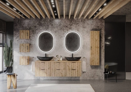 Szafka łazienkowa wisząca Diamond 35 cm dąb wotan / czarny niewielka szafka do łazienki z nietuzinkowym ryflowanym wzorem na froncie