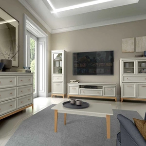 Zestaw mebli Windsor beżowy / dąb elegancka meblościanka o naturalnej kolorystyce stabilna drewniana podstawa uchwyty w kolorze miedzi