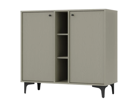 Meblościanka Kioto I eukaliptus stylowy design mebli do salonu eleganckie meble wsparte na metalowej czarnej podstawie subtelne uchwyty