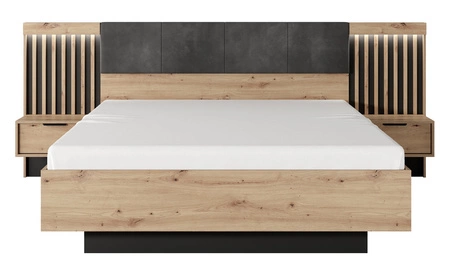 Łóżko Tipler 160x200 cm z pojemnikiem na pościel i szafkami nocnymi dąb artisan / antracyt tapicerowany zagłówek oświetlenie LED
