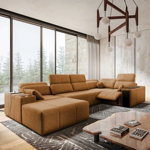 Narożnik z funkcją spania Tesalia IV Lux miodowy lewostronny stylowy narożnik z wysuwanym podnóżkiem oraz funkcją przesuwanego oparcia