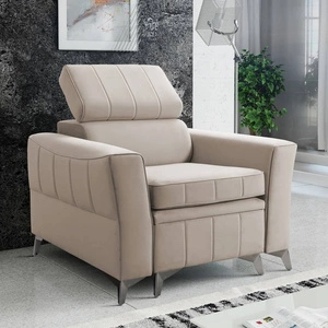 Fotel Rava jasny beż praktyczny i komfortowy fotel do salonu z regulowanym zagłówkiem oraz pojemnikiem miękka tkanina typu velvet