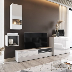 Meblościanka Pylos biała / biały połysk nowoczesny design system otwierania drzwi i szuflad push to open zestaw mebli z komodą