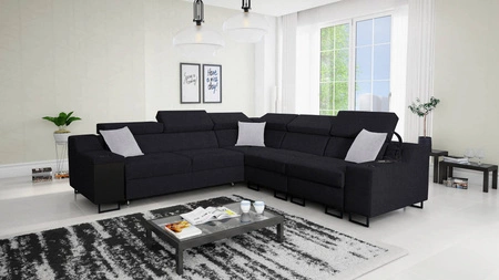 Narożnik z funkcją spania Alcamo III czarny prawostronny funkcjonalny i stylowy narożnik z szufladą w boczku dwa pojemniki na pościel