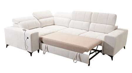 Narożnik z funkcją spania Penejos II Lux kremowy lewostronny wygodny narożnik do salonu z komfortowym wysuwanym podnóżkiem