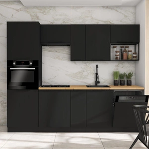Zestaw mebli kuchennych Black 260 cm metalowe uchwyty krawędziowe szafki doskonale prezentują się w nowoczesnych wnętrzach