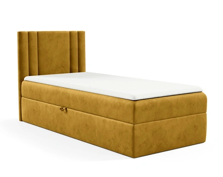Łóżko kontynentalne Alia 90x200 musztardowe nowoczesny styl idealne łóżko do pokoju dziecięcego subtelne pionowe przeczycia na wezgłowiu