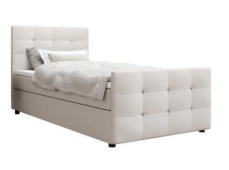 Łóżko kontynentalne Kansas 100x200 beżowe w nowoczesnym skandynawskim stylu z tapicerowanym zagłówkiem oraz zanóżkiem