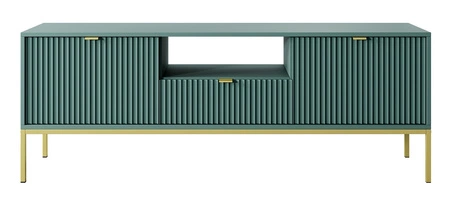 Szafka RTV Lovro 154 cm pastelowy zielony nowoczesny design zachwyci miłośników wyrazistych wnętrz złote metalowe dodatki