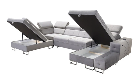 Narożnik z funkcją spania Hampton VI czarny prawostronny funkcjonalny narożnik do salonu z ruchomą dostawką oraz półką