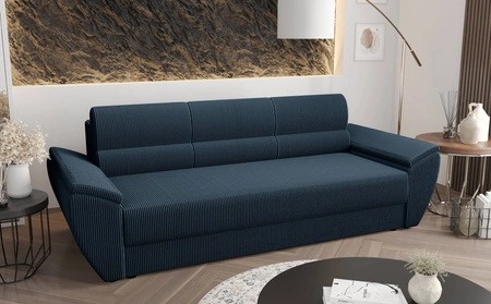 Kanapa rozkładana Fogu Bis niebieska stylowa sofa z komfortowymi podłokietnikami sztruksowa tkanina obiciowa pojemnik na pościel