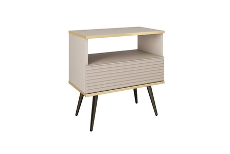 Szafka nocna z szufladą Luxury beżowa elegancki design korpus zwieńczony złotą listwą szafka z ryflowanym frontem czarne wysokie nogi