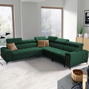 Narożnik z funkcją spania Bolmso III zielony prawostronny narożnik z pojemnikami na pościel szuflada z pełnym wysuwem w boczku mebla