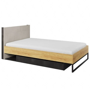 Łóżko Teen Flex 120x200 cm hikora naturalna / silk flou / raw steel komfortowe łóżko z podświetlanym zagłówkiem pojemna szuflada