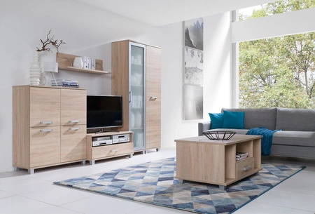 Witryna szeroka Maximus 100 cm dąb sonoma jasny nowoczesny design obrzeża wykończone specjalną okleiną elementy z bezpiecznego szkła hartowanego