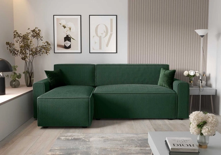 Narożnik z funkcją spania Brandon Bis zielony lewostronny trójwymiarowa tkanina o wyrazistych prążkach pojemnik na pościel