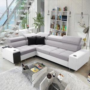 Narożnik z funkcją spania Dafni II szary popiel / biały lewostronny pleciony narożnik z pojemnikiem na pościel szuflada w boczku