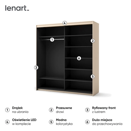 Szafa przesuwna z lustrem Trend 200 cm beżowa nowoczesna szafa o wyjątkowym designie ryflowany front z subtelnym oświetleniem