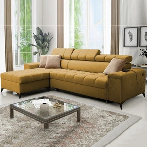 Narożnik z funkcją spania Bolmso musztardowy lewostronny narożnik z dwoma pojemnikami na pościel praktyczna szuflada w boczku mebla