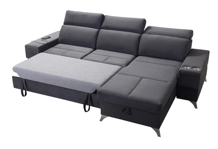 Narożnik z funkcją spania Elgin grafitowy prawostronny narożnik z regulowanymi zagłówkami praktyczne szuflady w boczkach mebla