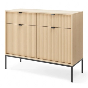 Komoda z szufladami Lovro 104 cm dąb vicenza stylowa komoda do salonu z ryflowanymi frontami metalowa podstawa w kolorze czarnym