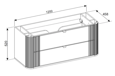 Szafka pod umywalkę Ovalia Cremona 120 cm dąb cremona charakterystyczne zaokrąglone rogi szafki czarne metalowe uchwyty krawędziowe