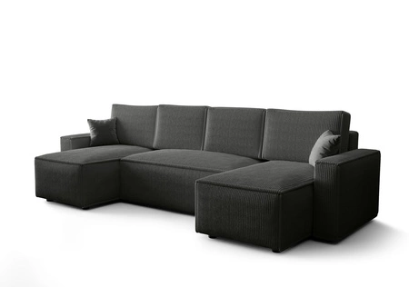 Narożnik z funkcją spania Nelo U szary komfortowy i nowoczesny narożnik z pojemnikiem na pościel sztruksowa prążkowana tkanina