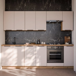 Zestaw mebli kuchennych Soela 260 cm eleganckie szafki kuchenne z metalowymi uchwytami krawędziowymi subtelna naturalna kolorystyka