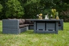 Zestaw mebli ogrodowych Maestoso szary niebanalny design modułowy narożnik ogrodowy komplet technorattanowy z dużym stołem i pufami