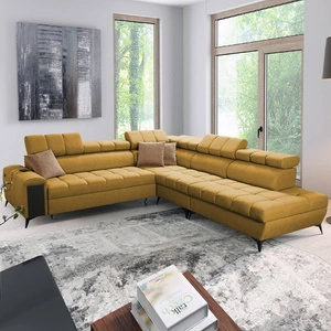 Narożnik z funkcją spania Bolmso IX musztardowy prawostronny komfortowy stylowy narożnik do salonu z szufladą pojemniki na pościel