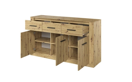 Komoda z szufladami Arti 160 cm dąb artisan elegancki i uniwersalny styl komody do sypialni lub salonu gustowne czarne uchwyty