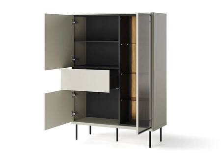 Witryna Epiro 99 cm beżowy / dąb ciemny gustowna witryna szklana z szufladą i klimatycznym oświetleniem ledowym