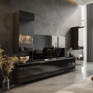 Meblościanka Pirgos czarna / czarny połysk minimalistyczny design meblościanka do salonu lub pokoju dziennego system push to open