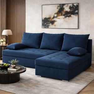 Narożnik z funkcją spania Fasti granatowy uniwersalny w ustawieniu narożnik z pojemnikiem na pościel gwarancja najwyższego komfortu