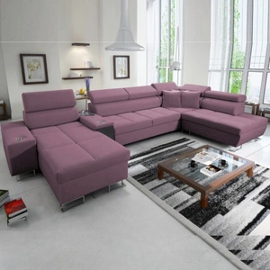 Narożnik z funkcją spania Dafni V wrzosowy lewostronny velvet wygodny i komfortowy narożnik z regulowanymi zagłówkami