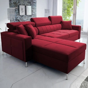 Narożnik z funkcją spania Nausa bordowy lewostronny velvet stylowy komfortowy narożnik regulowane zagłówki pojemnik na pościel