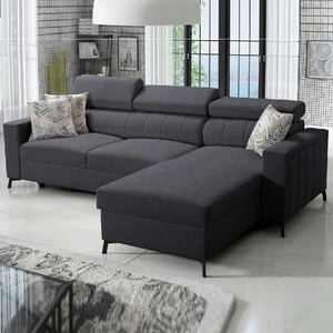 Narożnik z funkcją spania Savona grafitowy prawostronny wygodny elegancki narożnik z regulowanymi zagłówkami dekoracyjne przeszycia