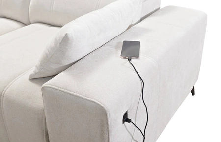 Narożnik z funkcją spania Penejos VII jasny szary lewostronny stylowy narożnik z pojemnikiem na pościel wygodne regulowane zagłówki