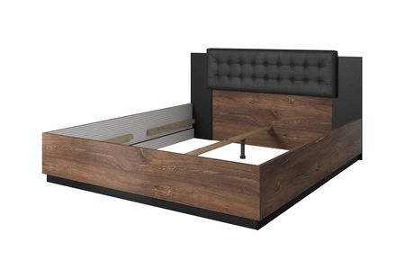 Łóżko Sigma 140x200 cm dąb flagstaff / czarny z miedzianą wstawką łóżko z pojemnikiem do sypialni z tapicerowanym zagłówkiem