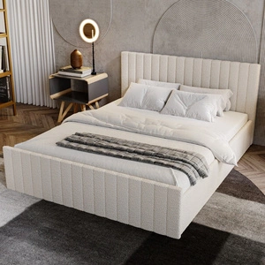 Łóżko tapicerowane Sobral 180x200 kremowe komfortowe łóżko z pojemnikiem na pościel gustowny zagłówek i zanóżek