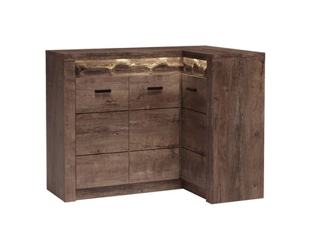 Komoda narożna Indiana 131x90 cm jesion ciemny elegancka stylistyka komody ozdobna deska na froncie komody oświetlona LED