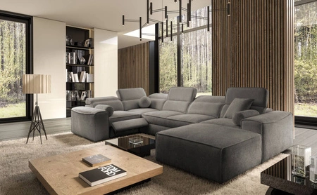 Narożnik z funkcją spania Viano IV Lux szary prawostronny designerski narożnik z wysuwanym podnóżkiem duży pojemnik na pościel